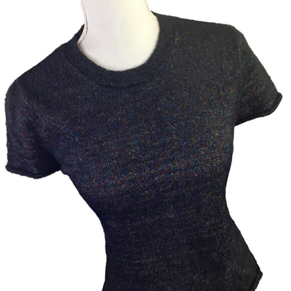 Zara Knit Metallic Thread Women's Sweater Size S Black Short Sleeve Rolled Hems - Picture 3 of 8